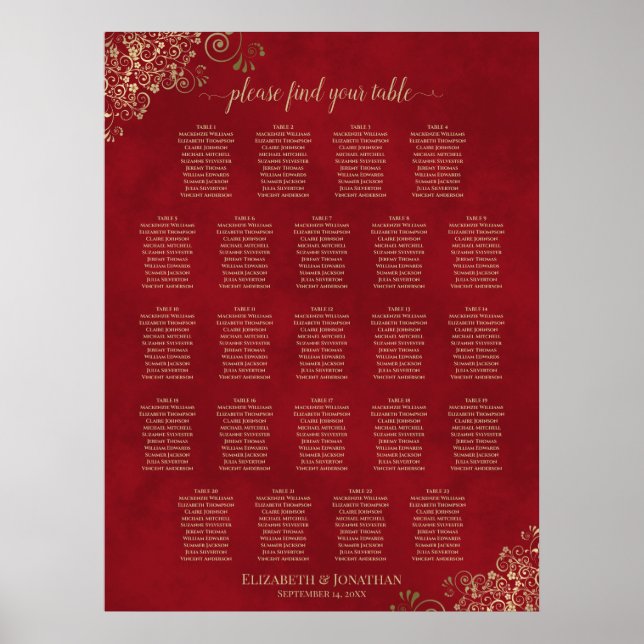 23 Table Gold Frills on Red Wedding Seating Chart (Front)