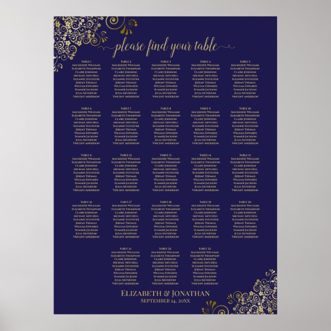23 Table Navy Blue & Gold Wedding Seating Chart (Front)