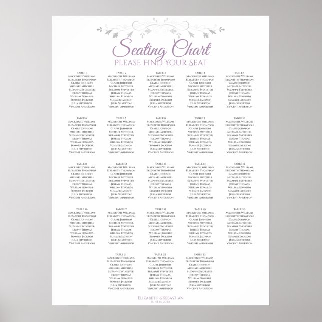 23 Table Purple & Gray Wedding Seating Chart (Front)