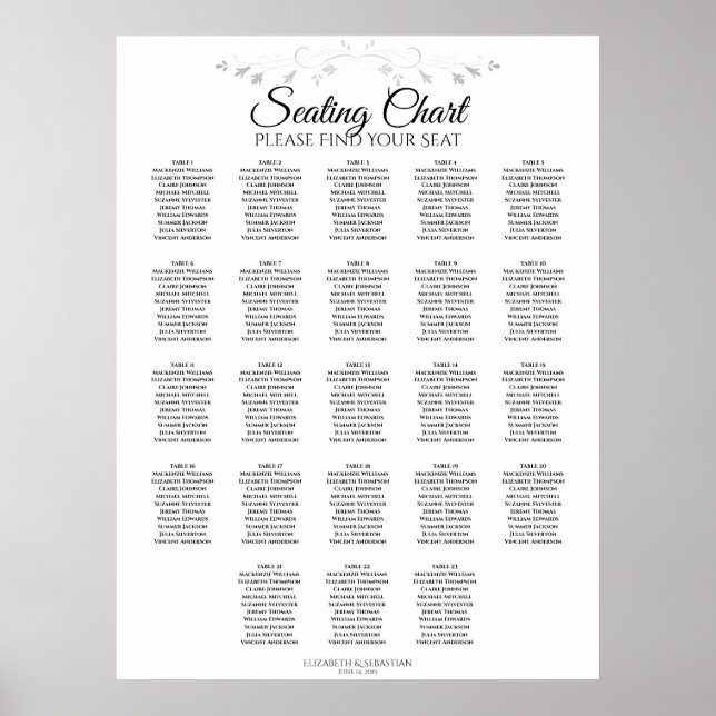 23 Table Silver Flourish Wedding Seating Chart (Front)