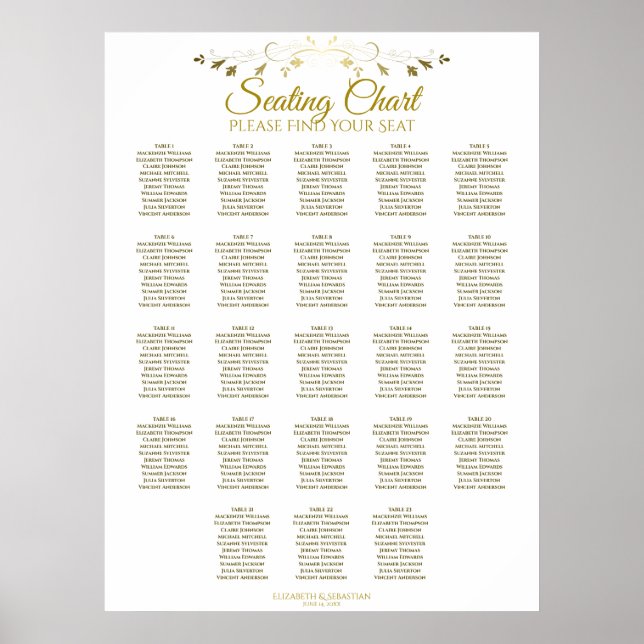 23 Table Simple Gold Elegant Wedding Seating Chart (Front)