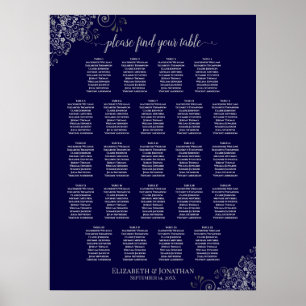 23 Table Wedding Seating Chart Navy Blue & Silver