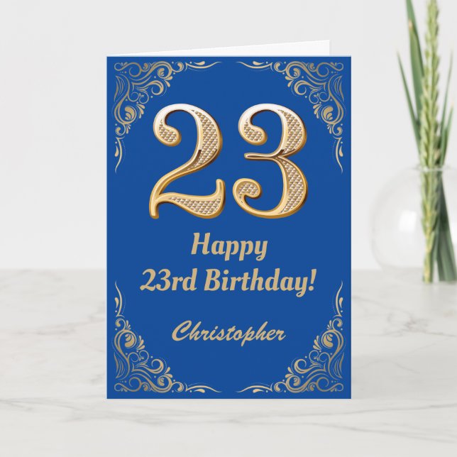 23rd Birthday Blue and Gold Glitter Frame Card (Front)