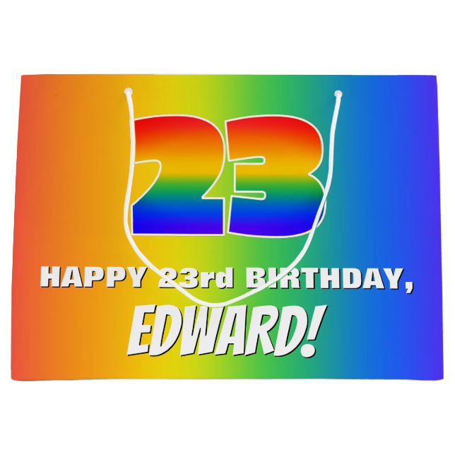23rd Birthday: Colourful, Fun Rainbow Pattern # 23 Large Gift Bag (Front)