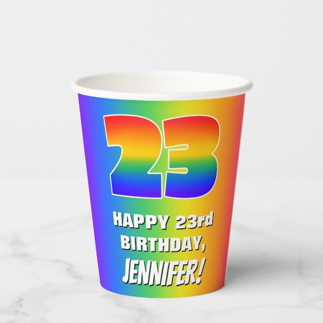 23rd Birthday: Colourful, Fun Rainbow Pattern # 23 Paper Cups (Back)
