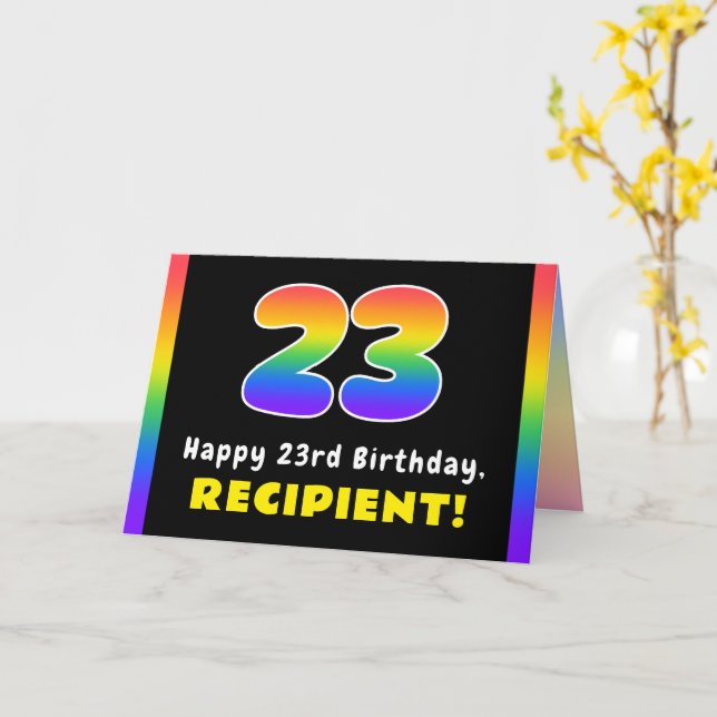 23rd Birthday: Colourful Rainbow # 23, Custom Name Card (Yellow Flower)