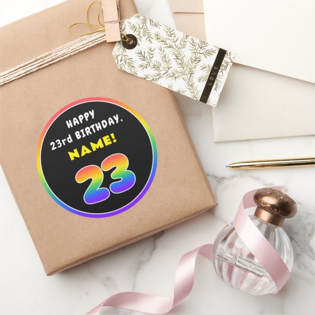 23rd Birthday: Colourful Rainbow # 23, Custom Name Classic Round Sticker (Gifting)