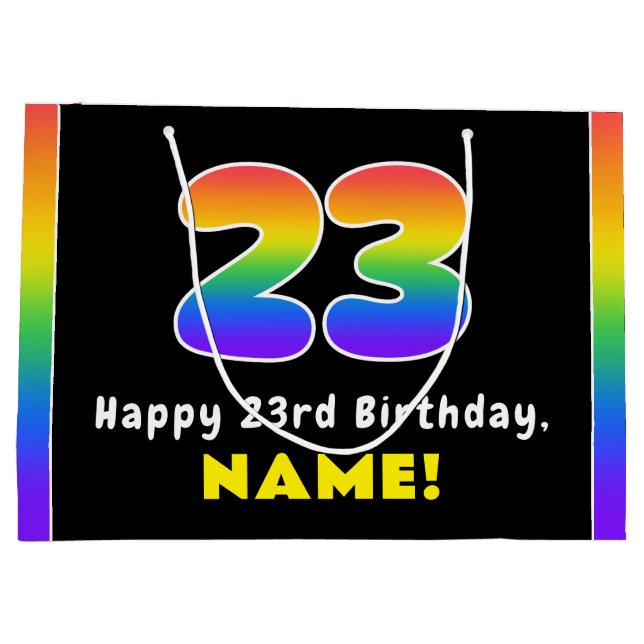 23rd Birthday: Colourful Rainbow # 23, Custom Name Large Gift Bag (Back)