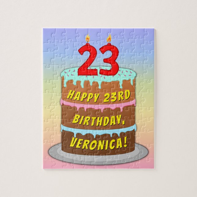 23rd Birthday: Fun Cake and Candles + Custom Name Jigsaw Puzzle (Vertical)