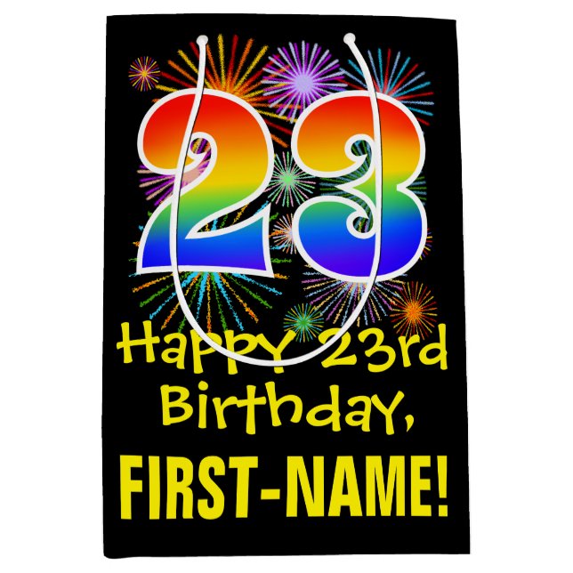 23rd Birthday: Fun Fireworks Pattern + Rainbow 23 Medium Gift Bag (Front)