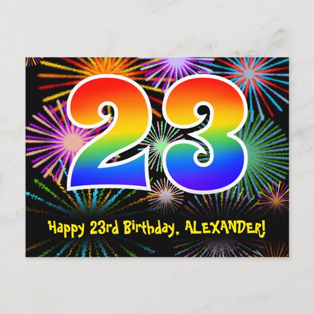 23rd Birthday – Fun Fireworks Pattern + Rainbow 23 Postcard (Front)