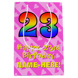 23rd Birthday: Fun Pink Hearts Stripes; Rainbow 23 Medium Gift Bag