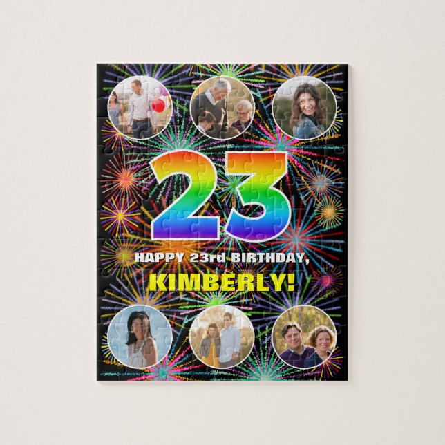 23rd Birthday: Fun Rainbow #, Custom Name + Photos Jigsaw Puzzle (Vertical)