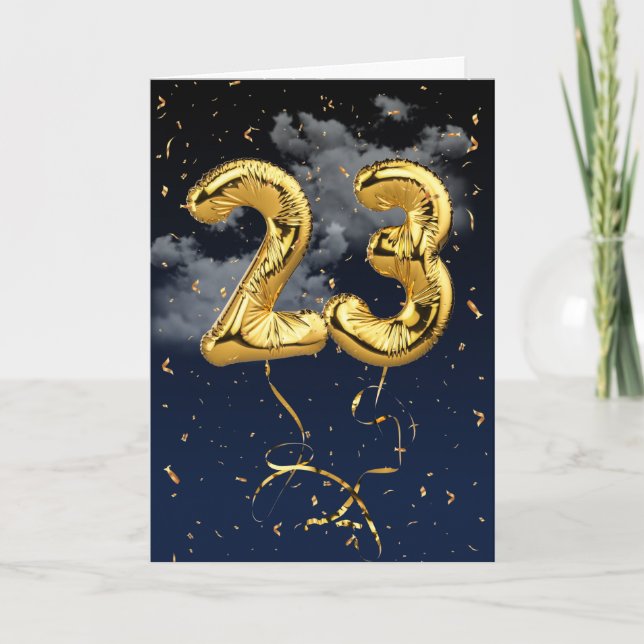 23rd Birthday Gold Mylar Balloon and Confetti Card (Front)