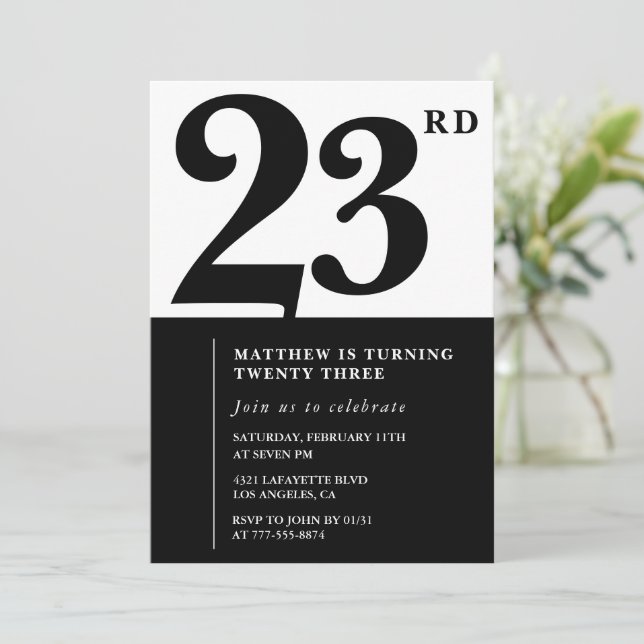 23rd birthday invitations Black and White Elegant (Standing Front)