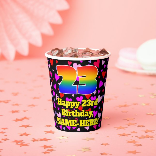 23rd Birthday: Loving Hearts Pattern, Rainbow 23 Paper Cups (Insitu)