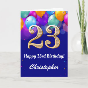 23rd Birthday Navy Blue and Gold Colourful Balloon Card