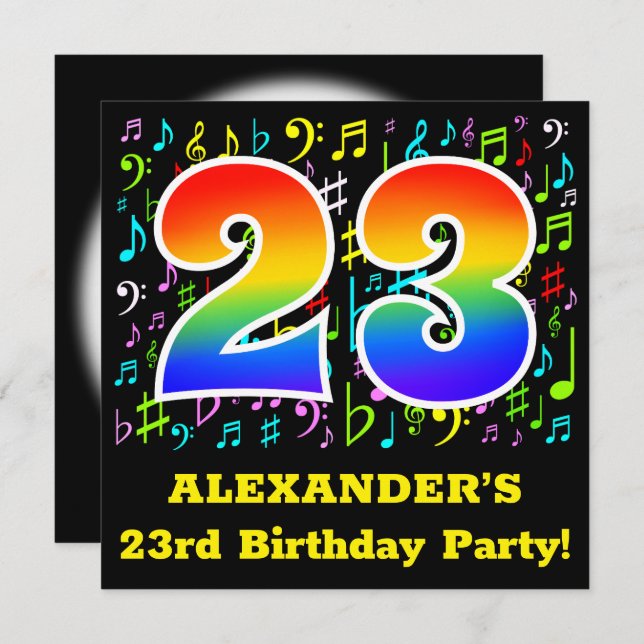 23rd Birthday Party: Fun Music Symbols, Rainbow 23 Invitation (Front/Back)