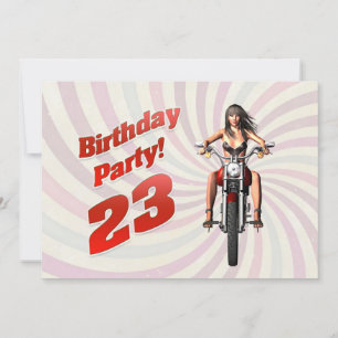 23rd birthday party with a girl on a motorbike invitation
