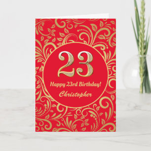 23rd Birthday Red and Gold Floral Pattern Card