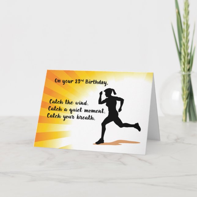 23rd Birthday Woman Running Sunburst Background Card (Front)