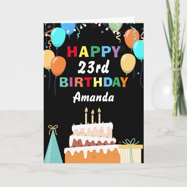 23rd Happy Birthday Colourful Balloons Cake Black Card (Front)