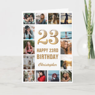 23rd Happy Birthday Gold and White Photo Collage Card