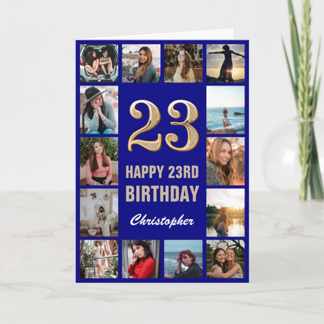 23rd Happy Birthday Navy Blue & Gold Photo Collage Card (Front)