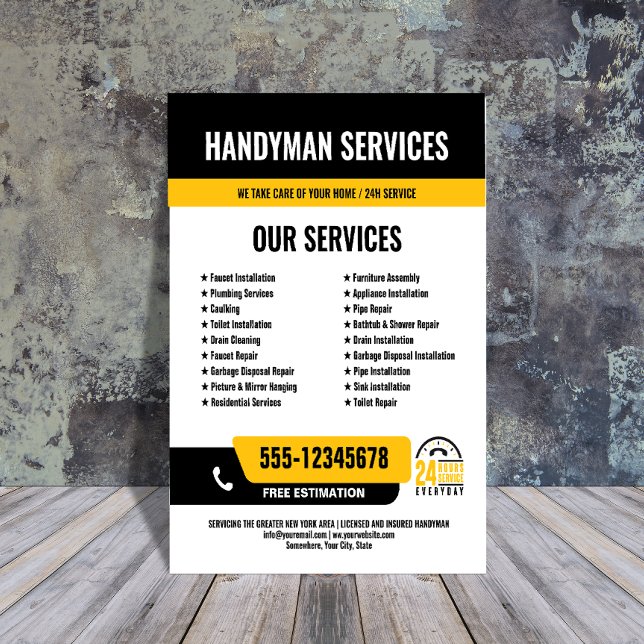 24/7 Handyman & Plumbing Services BLACK YELLOW Flyer (Creator Uploaded)