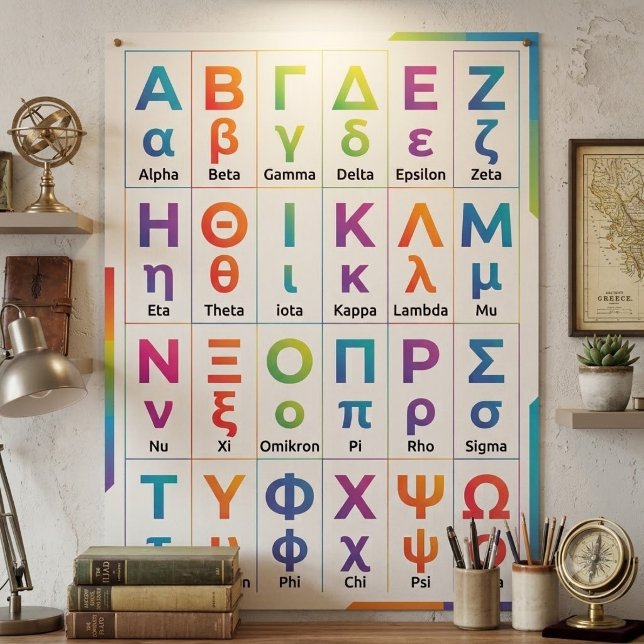 24 Colourful Lower Case Upper Case - Greek Alphabe Poster (Colorful Greek alphabet wall poster, Buy sorority fraternity chart, Greek alphabet pronunciaton)