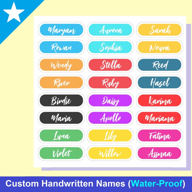 24 Handwritten Script Names, Waterproof Stickers (Colorful bulk Stickers for kids)