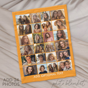24 Photo Collage - Custom Text - Orange and White Fleece Blanket