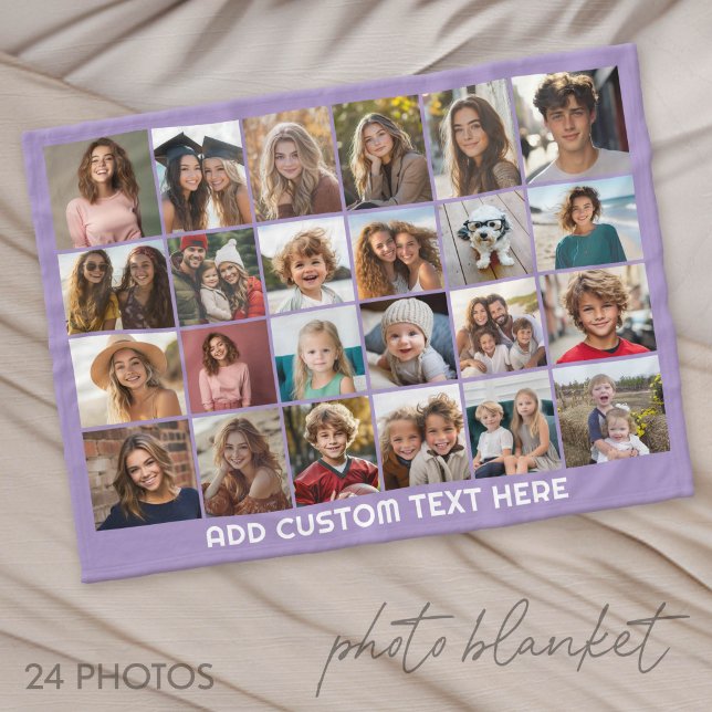 24 Photo Collage with Custom Text - purple Fleece Blanket (Photo Blanket - Customize with your favorite pictures)