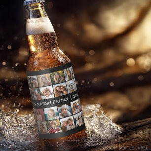 24 Photo Collage with Family Name Date - black Beer Bottle Label
