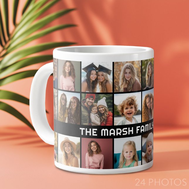 24 Photo Collage with Family Name Date black Large Coffee Mug (Custom Photo Collage Mug)