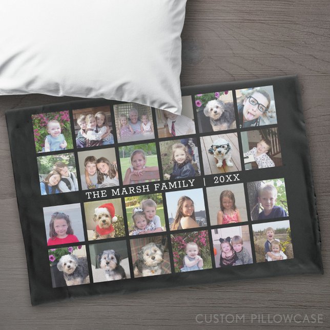 24 Photo Collage with Family Name Date - black Pillowcase (Custom Pillowcase)