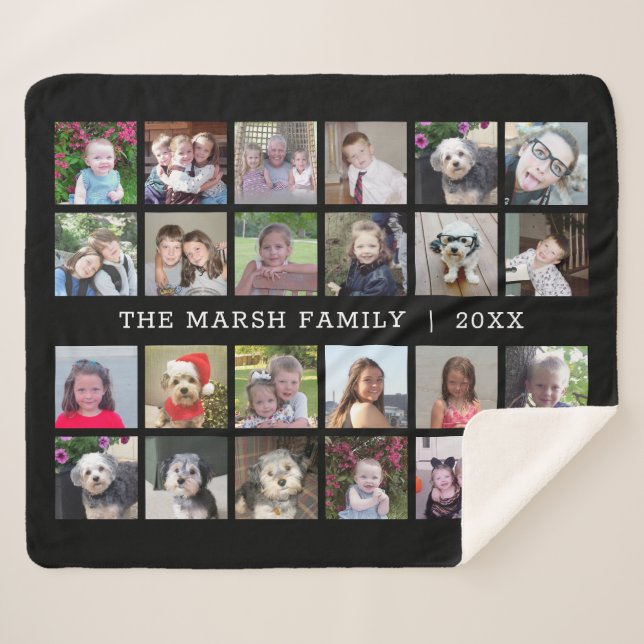 24 Photo Collage with Family Name Date - black Sherpa Blanket (Front (Horizontal))
