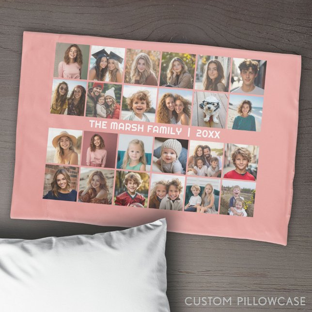 24 Photo Collage with Family Name Date - coral Pillowcase (Create Your Own Photo Collage Pillowcase)