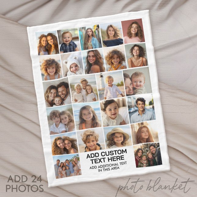 24 Photo Collage with Text Box Fleece Blanket (Custom Fleece Blanket with Photo Collage for Family and Friends)