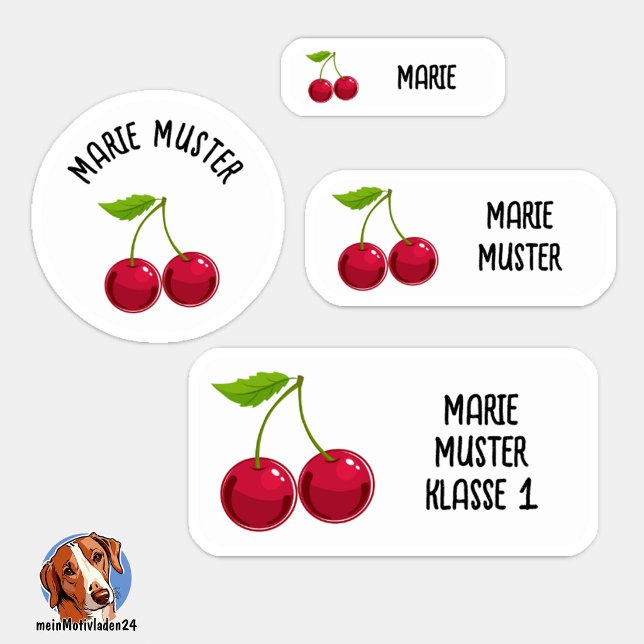 24 Sweet Cherry Kids Name Labels white waterproof (24 verschiedene Namensaufkleber - Motiv: Kirsche - weiß)