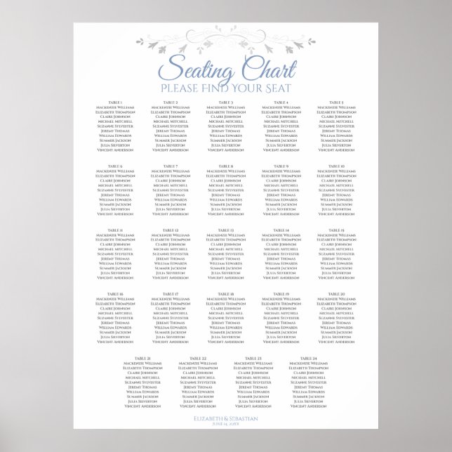 24 Table Blue & Gray Wedding Seating Chart (Front)