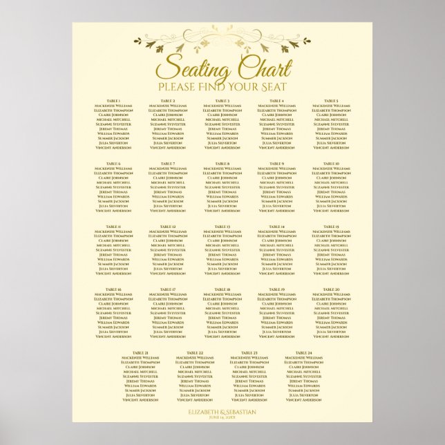 24 Table Chic Gold & Cream Wedding Seating Chart (Front)