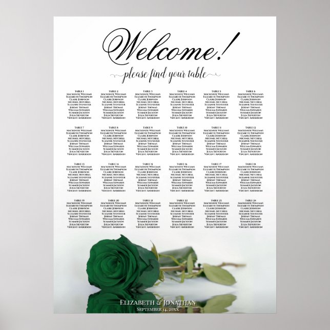 24 Table Emerald Green Rose Wedding Seating Chart (Front)
