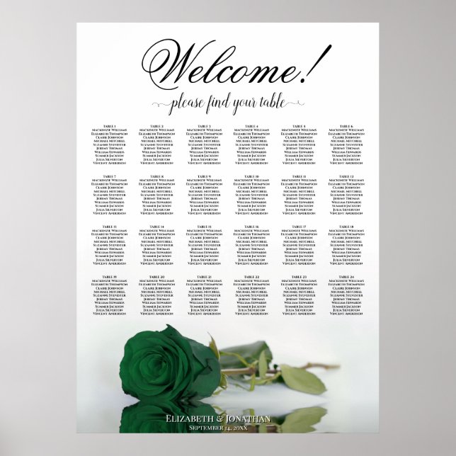 24 Table Emerald Green Rose Wedding Seating Chart (Front)