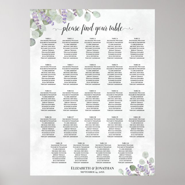 24 Table Eucalyptus Lavender Wedding Seating Chart (Front)