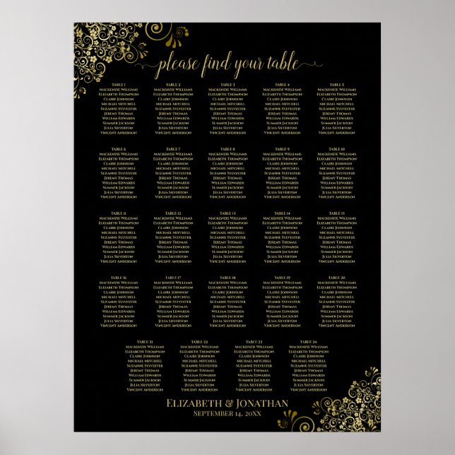 24 Table Gold & Black Chic Wedding Seating Chart (Front)
