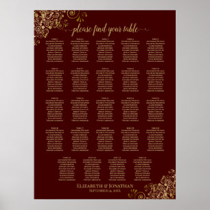 24 Table Gold Burgundy Chic Wedding Seating Chart