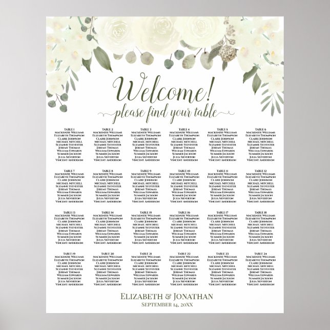 24 Table Ivory White Roses Wedding Seating Chart (Front)