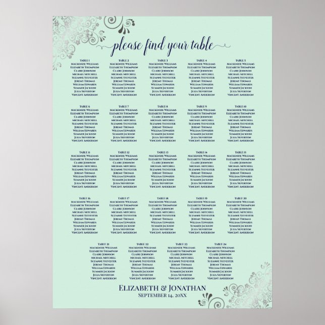 24 Table MInt Green & Navy Wedding Seating Chart (Front)