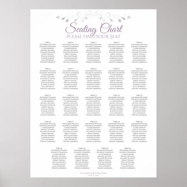 24 Table Purple & Gray Wedding Seating Chart (Front)